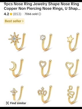 NWOT..Gold 9-Piece Non-Piercing Nose Ring Set — Decorative U-Shaped Styles